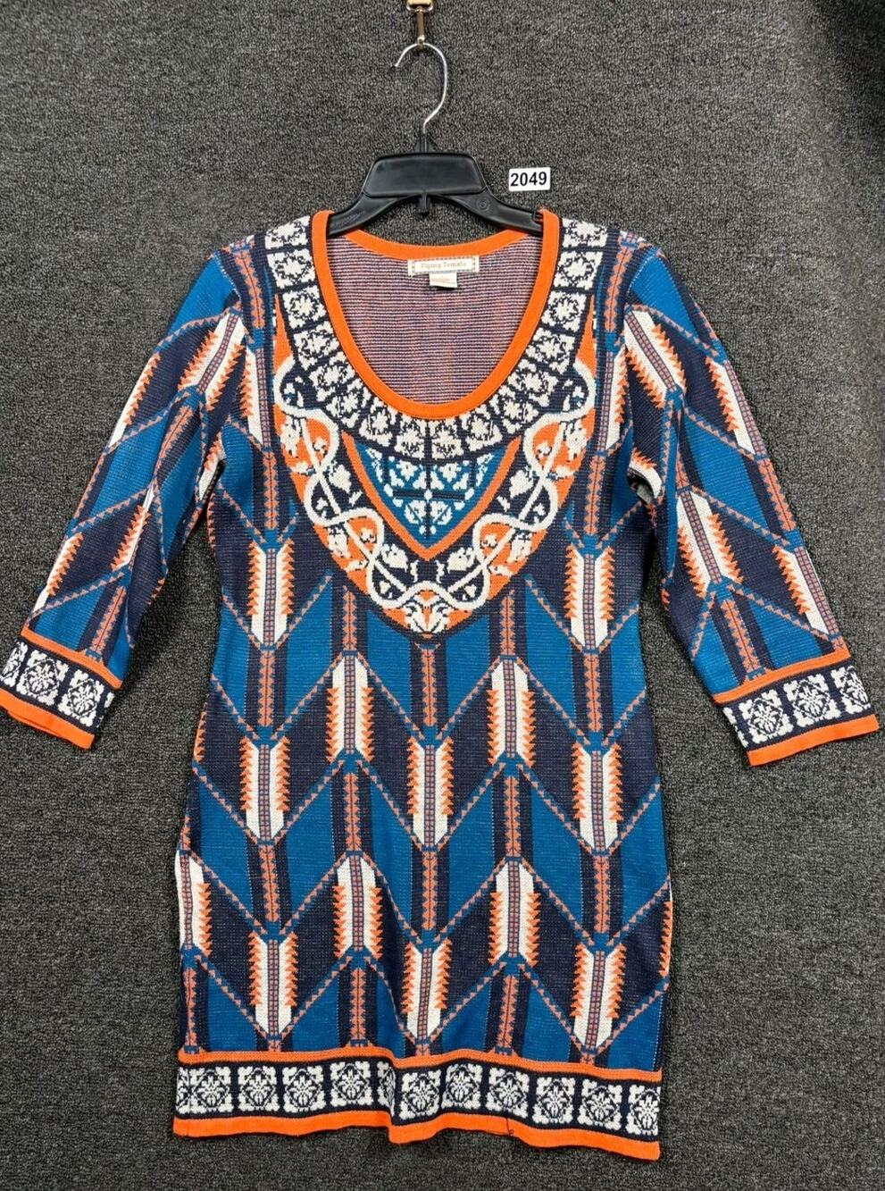 Flying Tomato Aztec Print Sweater Dress Womens Size L Blue Orange 3/4 Sleeve